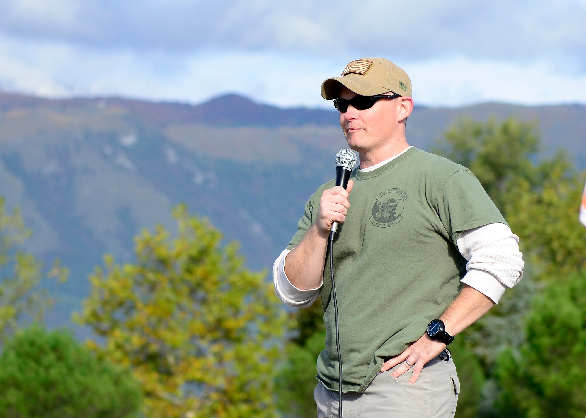 U.S. Air Force Lt. Col. Dennis Phillips, 31st Civil Engineer Squadron commander, speaks during the Wyvern Mud Run, Oct. 17, 2015, at Aviano Air Base, Italy. The Wing Diversity Council and 31st Civil Engineer Squadron hosted the event, which awarded prizes to the top male, female, team and squadron team. (U.S. Air Force photo by Senior Airman Areca T. Bell/Released)
