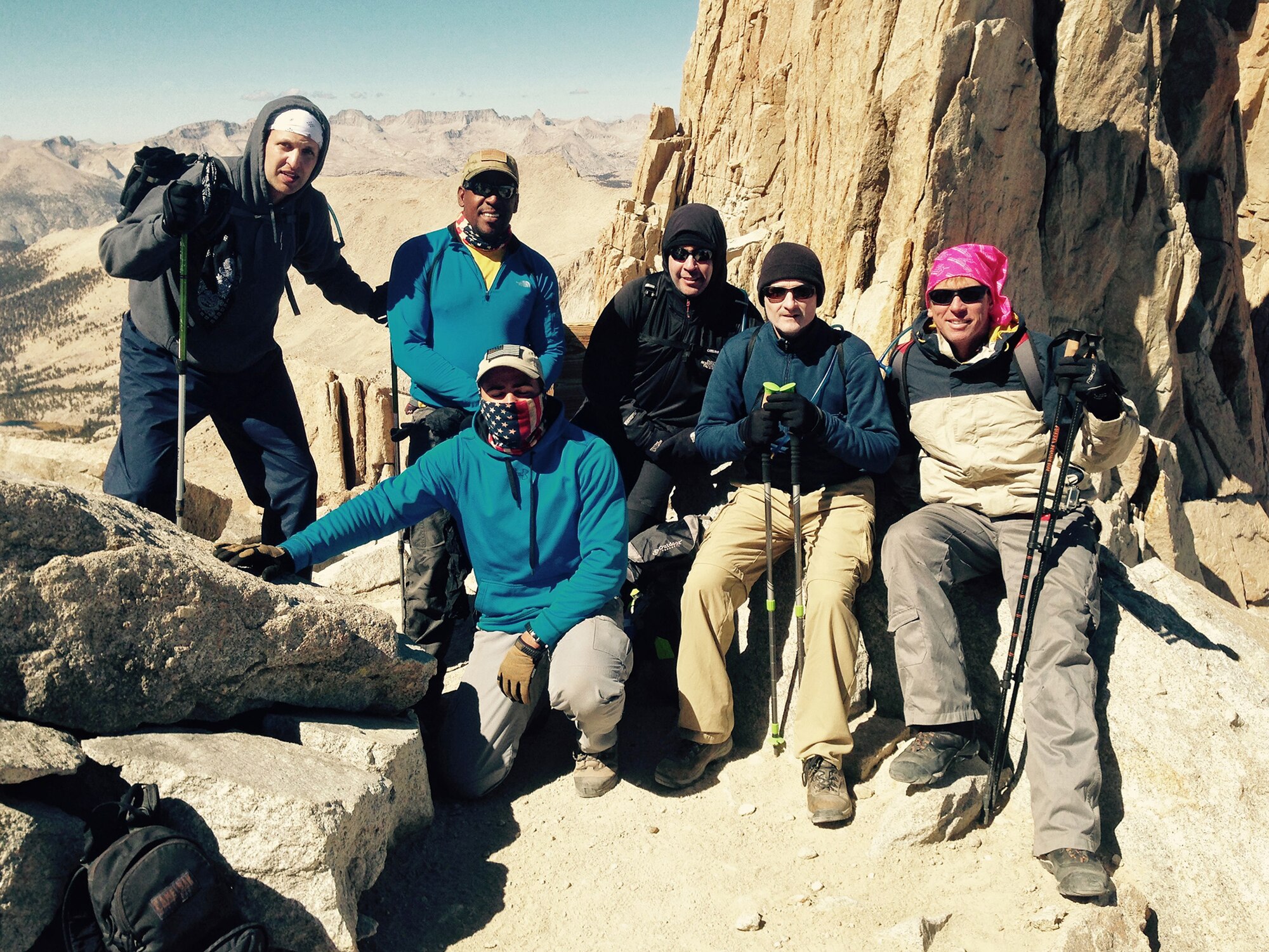 Senior Airman Christian Emery, 30th Security Forces Defender, and his hiking group during their trip to the summit of Mt. Whitney, Oct. 3, 2015. Emery unexpectedly found himself spending the night on Mt. Whitney as he provided emergency aid to hikers in distress. (Courtesy Photo)