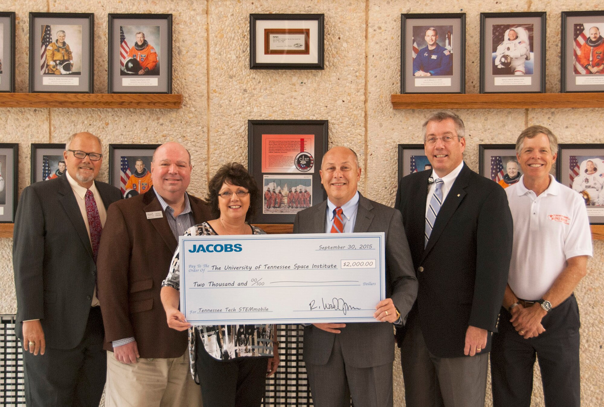 Participating with the University of Tennessee Space Institute STEMmobile opportunity left to right are University of Tennessee Space Institute Associate Executive Director James Simonton, Tennessee Tech University STEM Coordinator Scott Eddins, UTSI Program Manager for STEM Outreach Carole Thomas, Jacobs Technology Inc. Senior Vice President Ward Johnson, ATA Deputy General Manager Jeff Haars and AEDC Stem Coordinator Jere Matty. (Photo provided)