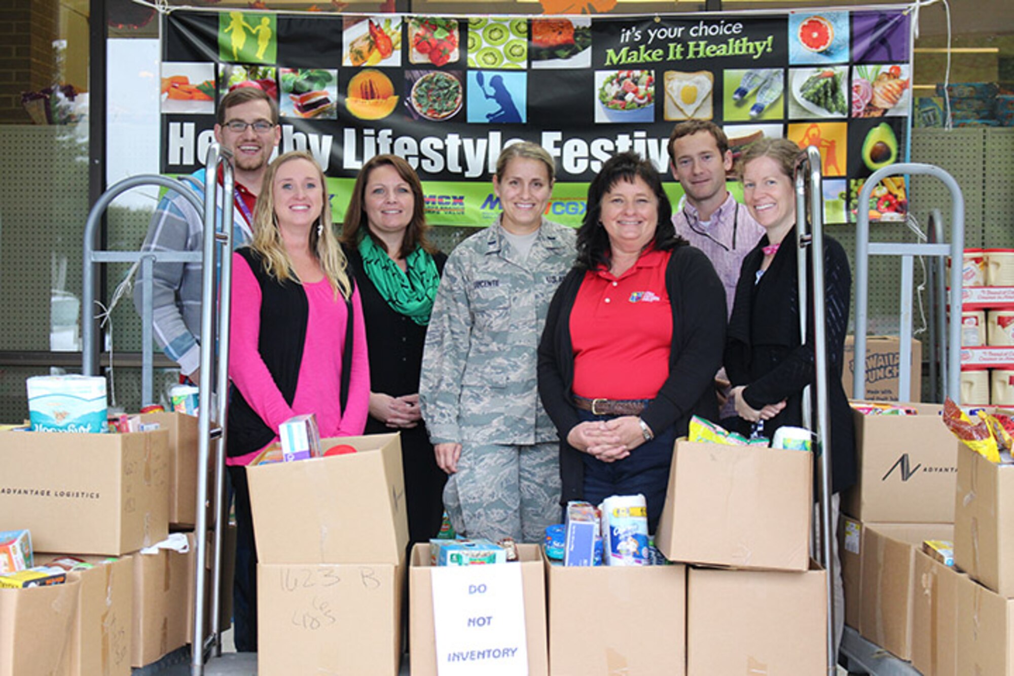 : With the help of several Team AEDC members and volunteers, 633 pounds of non-perishable food, personal hygiene and baby items were collected and donated to three local Good Samaritan sites through this year’s Feds Feed Families campaign. Feds Feed Families is an Air Force wide campaign to provide food and other necessities to families in the area who are in need of assistance. Pictured left to right is the AEDC Feds Feed Families team: Patrick Jourdan, Amanda Dotson, LaLonnie Saltzman, 1st Lt. Carlin Lucente, Peggy Proffitt, William Mallory and Shannon Allen (Photo by Deidre Ortiz)
