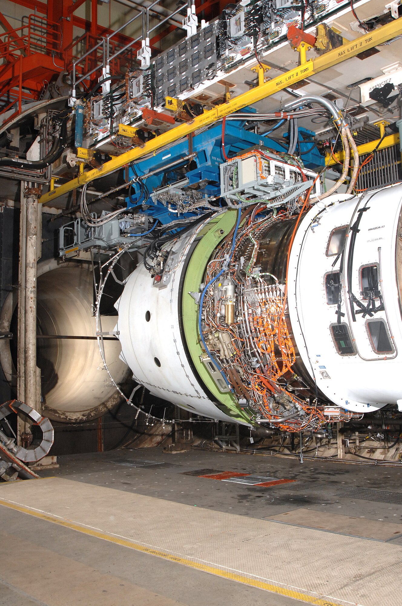 Rolls-Royce Trent 1000 engine prior to testing. The windows on the inlet are used to observe ice build-up on the fan and spinner. The test was conducted in the C-2 test cell in 2007. (Photo by David Housch)

