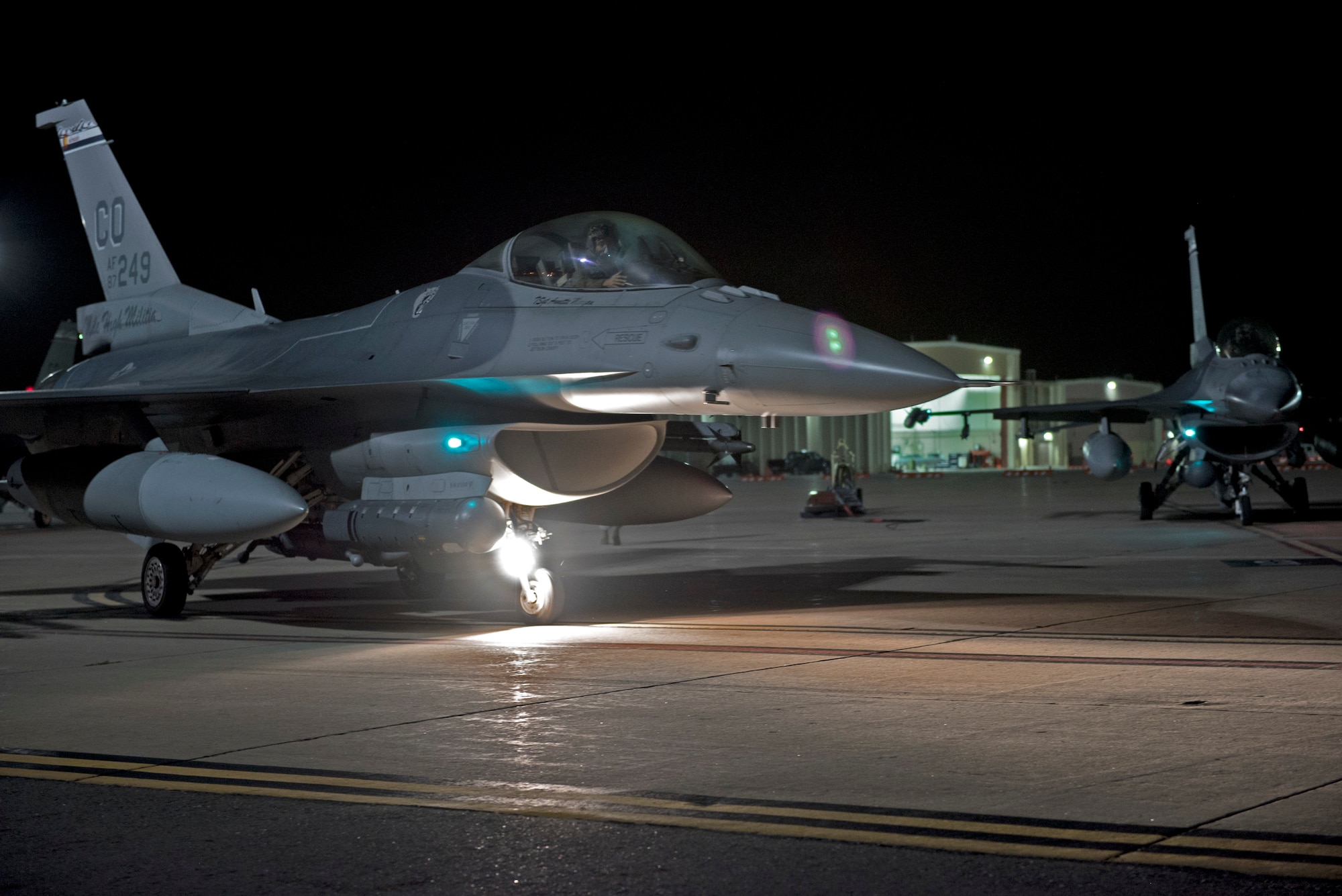 An F-16 Fighting Falcon from the 120th Fighter Squadron, Colorado Air National Guard, prepares for take off during a night mission for the Wing Wartime Readiness Inspection, Buckley Air Force Base, Colo., Oct. 16, 2015. The WWRI is a four-day inspection that tests and evaluates the 140th Wing on critical requirements to ensure mission readiness for real world deployments. (U.S. Air National Guard photo by Senior Airman Michelle Y. Alvarez-Rea)