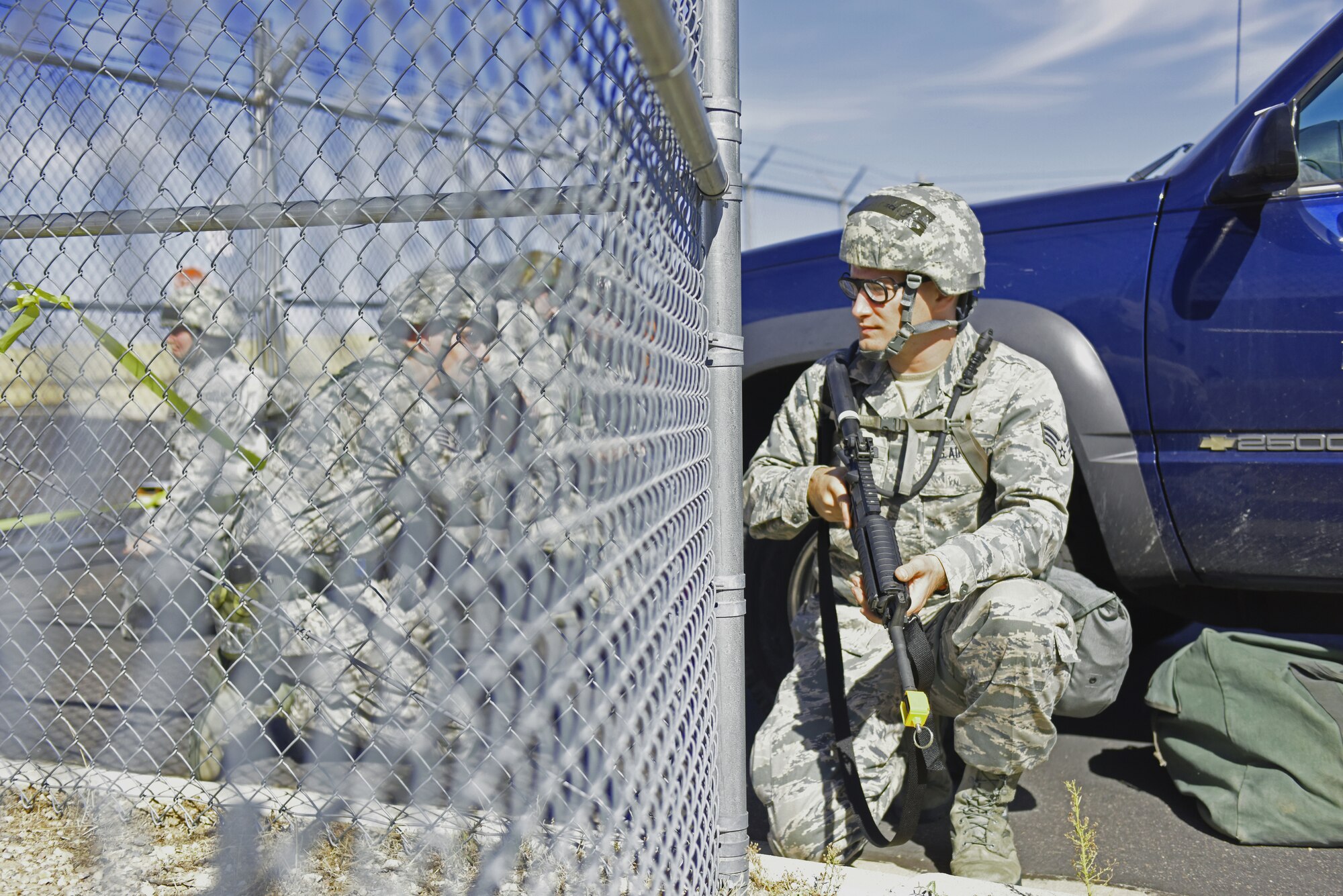 U.S. Air Force Senior Airman Joshua Jorgensen, 140th Civil Engineer Squadron, Colorado Air National Guard, secures the base perimeter during a Wing Wartime Readiness Inspection, Buckley Air Force Base, Colo., Oct. 17, 2015. The WWRI is part of the new Air Force Inspection System which focuses on evaluating mission readiness instead of inspection readiness, allowing commanders to concentrate on strengthening the force by improving daily mission effectiveness. (U.S. Air National Guard photo by Senior Airman Michelle Y. Alvarez-Rea)