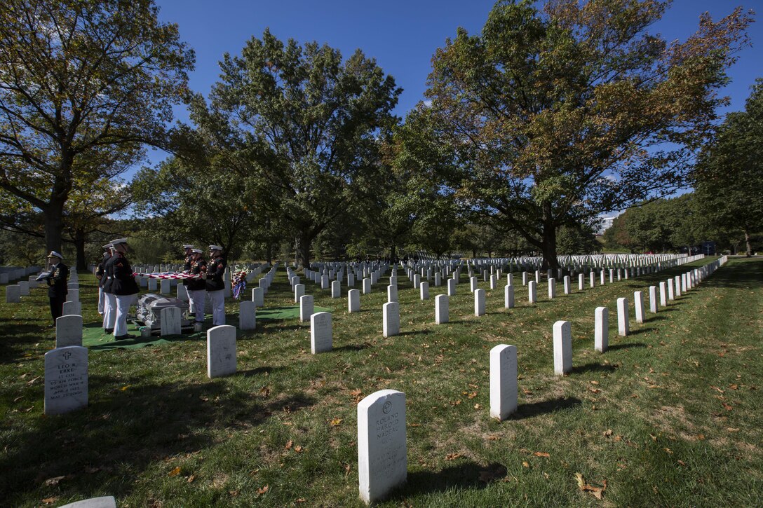 Marines From Marine Barracks Washington, D.C., participate in a Military Honors funeral at the Arlington National Cemetery, Arlington, Va., Oct. 15, 2015. Marines from Marine Barracks Washington are responsible for providing services for Marine Corps' Military Honors funerals. (U.S. Marine Corps Photo by Cpl. Remington Hall/Released)