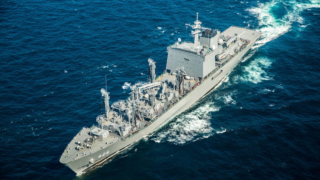 A Japan Maritime Self Defense Force warship steams ahead, near Tokyo Bay, during the 28th iteration of the JMSDF Fleet Review, Oct. 18, 2015. Approximately 28 aircraft from the JMSDF, U.S. Navy, and U.S. Marine Corps flew above the warship. The fleet review allowed the JMSDF to assess its readiness and demonstrated the Japanese and the U.S. commitment to enduring prosperity and security in the Asia-Pacific region. 