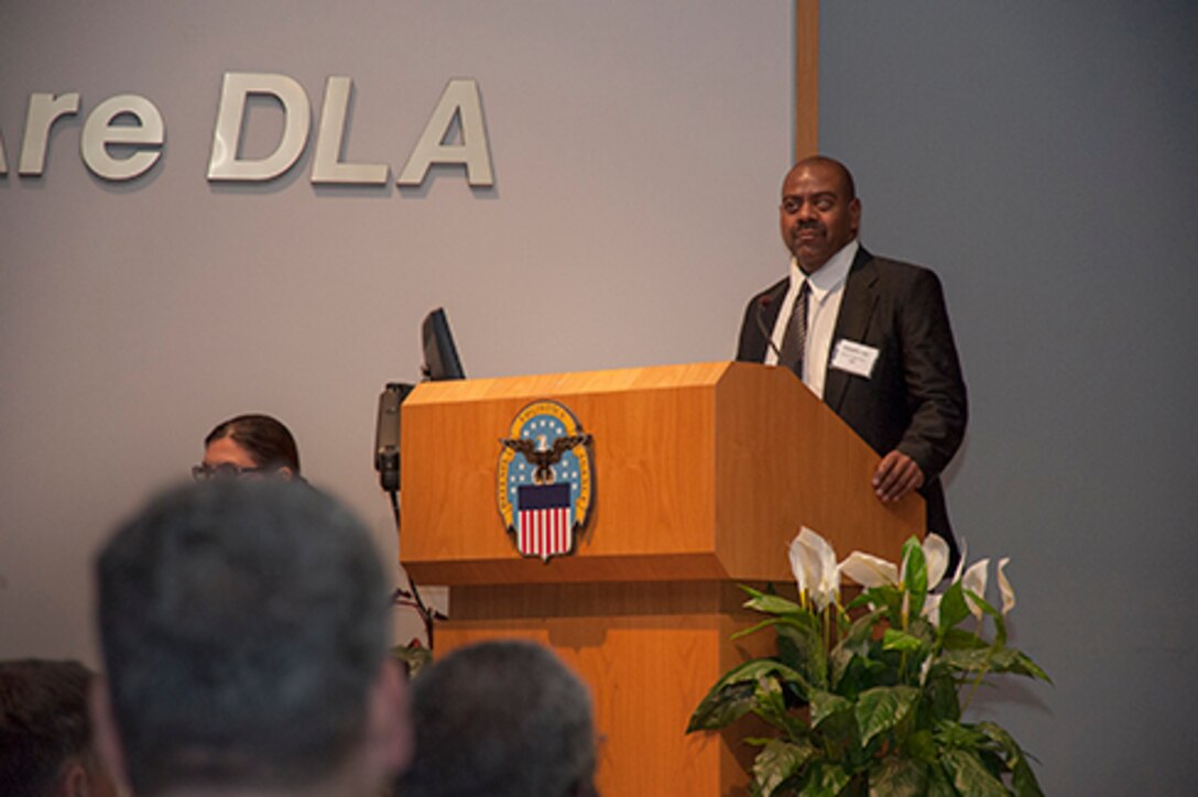 Steve Ogletree, from the Cincinnati Association for the Blind and Visually impaired, speaks to associate’s from DLA land and Maritime Oct. 7 inside the Building 20 auditorium during AbilityOne Day. 