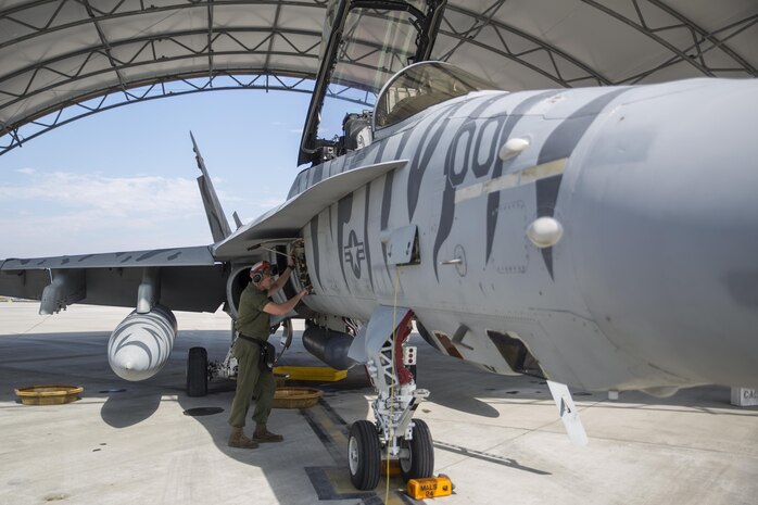 Lance Cpl. Charles Harwell, an aviation ordinance technician with Marine All Weather Fighter Attack Squadron 224, changes armament codes on a F/A-18 Hornet at Marine Corps Air Station Iwakuni, Japan, Oct. 15, 2015. The squadron came from MCAS Beaufort, N.C., replacing VMFA(AW)-225, in support of the unit deployment program.
