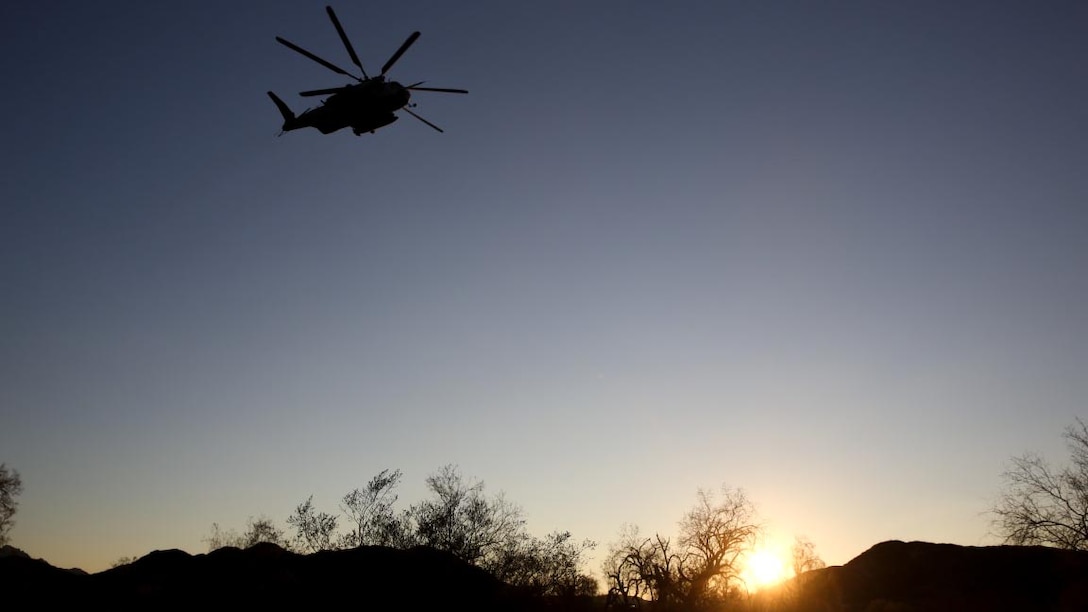 A CH-53E Super Stallion helicopter with 3rd Marine Aircraft Wing, takes off after inserting Marines during Talon Exercise 1-16 at Marine Corps Air Station, Yuma, Ariz., Oct. 13, 2015. The training took place at Baker’s Peak, a rugged desert training area located on the approximately 1,700,000 acre Barry M. Goldwater Range and was part of a larger event called Talon Exercise, which focused on offensive and defensive operations in desert and urban environments.
