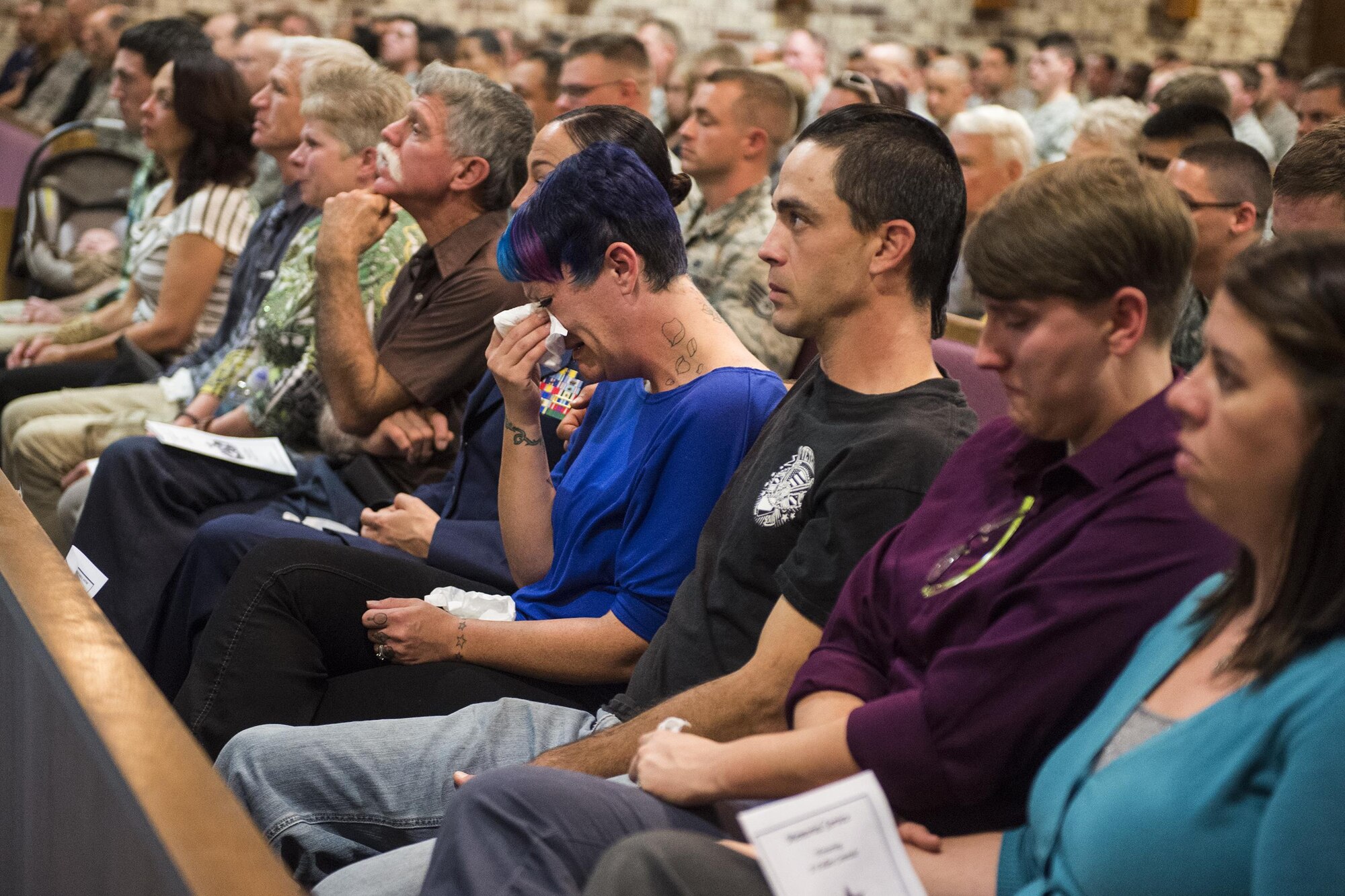 Airmen, family and friends gathered to honor the life of Tech. Sgt. Marissa Hartford during her memorial ceremony at the base chapel on Moody Air Force Base, Ga., Oct. 16, 2015. Hartford was a 723rd Aircraft Maintenance Squadron Airman, who passed away on Oct. 14. (U.S. Air Force photo/Senior Airman Ceaira Tinsley)