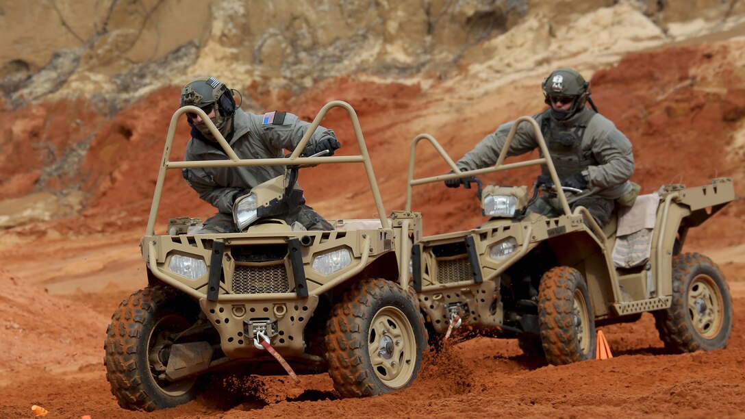 Marine Raiders with 1st Marine Raider Battalion practice driving All-Terrain Vehicles during a two-week training exercise called HAVEACE, held at Hurlburt Field, Fla., Feb. 3, 2015. Marine Special Operations Teams use ATVs during training and on deployments as a means of transporting equipment not easily carried over long distances. To operate an ATV, an individual first must be licensed.
