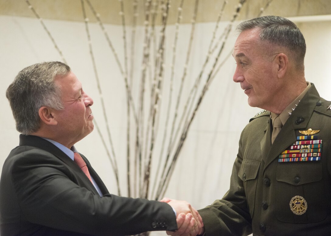 Jordanian King Abdullah II meets with U.S. Marine Corps Gen. Joseph F. Dunford Jr., chairman of the Joint Chiefs of Staff, at the Al Husseiniya Palace in Amman, Jordan, Oct. 19, 2015. DoD photo by D. Myles Cullen