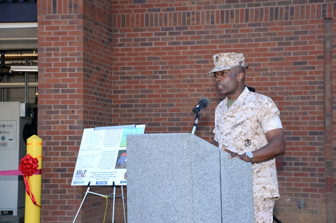 Col. James C. Carroll III, commanding officer, Marine Corps Logistics Base Albany, addresses attendees during a ribbon-cutting ceremony for the Borehole Thermal Energy Storage system - a state-of-the-art ground source heat pump system – for Marine Corps Logistics Command's headquarters building 3700, here, Oct. 19.