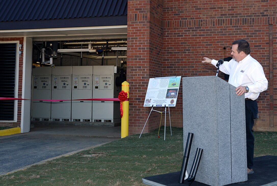 Chuck W. Hammock Jr., principal engineer, Andrews, Hammock & Powell, Inc., Macon, Ga., discusses the implementation of America’s first Borehole Thermal Energy Storage system - a state-of-the-art ground source heat pump system – during a ribbon-cutting ceremony aboard Marine Corps Logistics Base Albany, Oct. 19. 