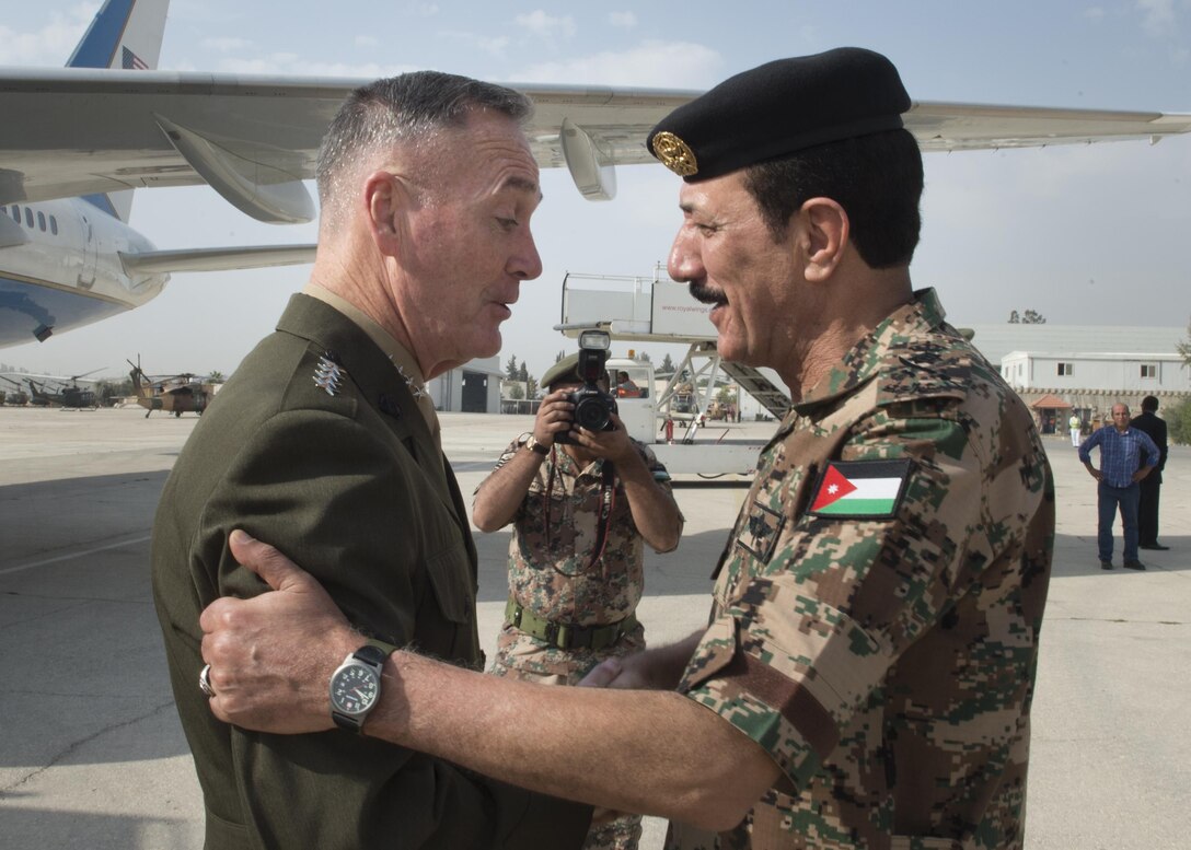 Jordanian Chief of Defense Gen. Mashal al-Zaben greets U.S. Marine Corps Gen. Joseph F. Dunford Jr., chairman of the Joint Chiefs of Staff, in Amman, Jordan, Oct. 19, 2015. DoD photo by D. Myles Cullen