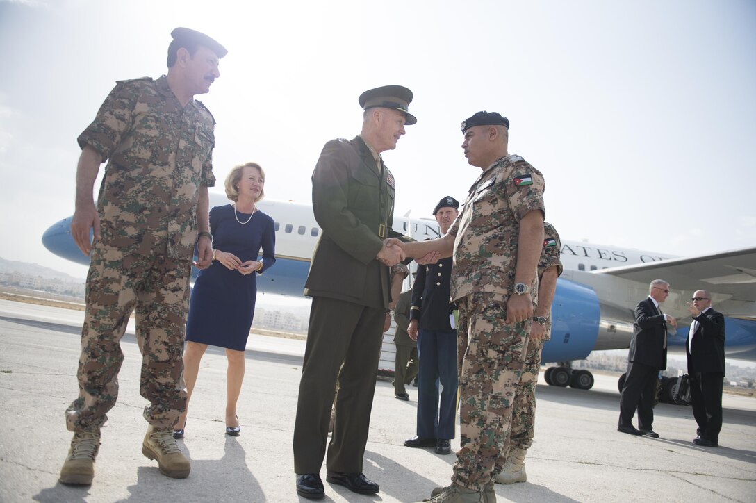 A Jordanian military senior staff member greets U.S. Marine Corps Gen. Joseph F. Dunford Jr., chairman of the Joint Chiefs of Staff, in Amman, Jordan, Oct. 19, 2015. DoD photo by D. Myles Cullen