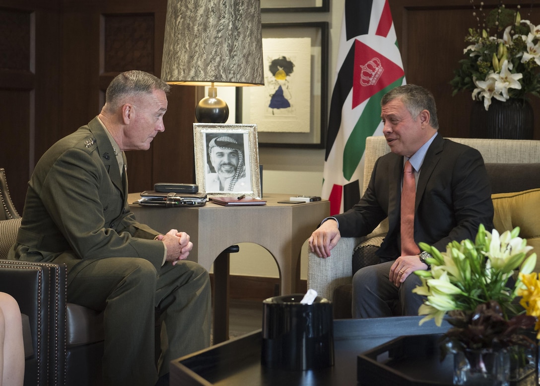 U.S. Marine Corps Gen. Joseph F. Dunford Jr., left, chairman of the Joint Chiefs of Staff, meets with Jordan's King Abdullah II at the Al Husseiniya Palace in Amman, Jordan, Oct. 19, 2015. DoD photo by D. Myles Cullen