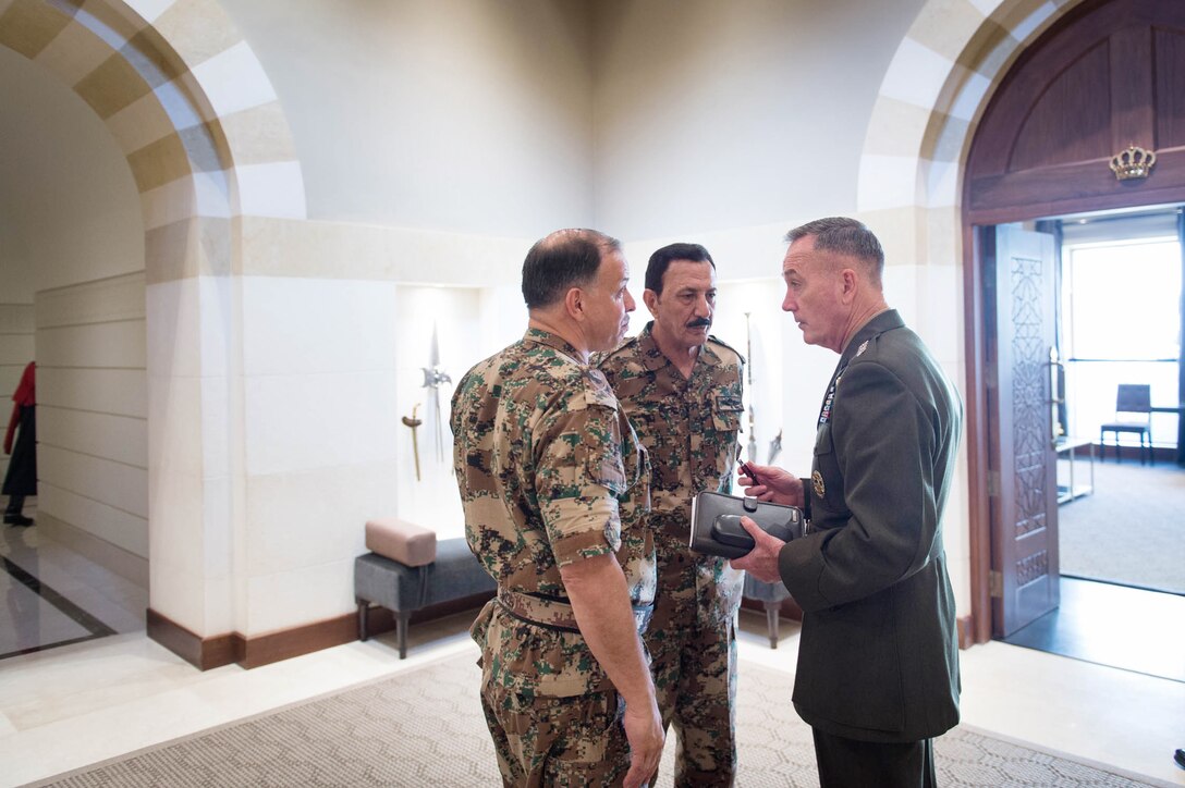 From left, Jordanian Prince Faisal, Jordanian Chief of Defense Gen. Mashal al-Zaben and U.S. Marine Corps Gen. Joseph F. Dunford Jr., chairman of the Joint Chiefs of Staff, talk after meeting with the king of Jordan at the Al Husseiniya Palace in Amman, Jordan, Oct. 19, 2015. DoD photo by D. Myles Cullen