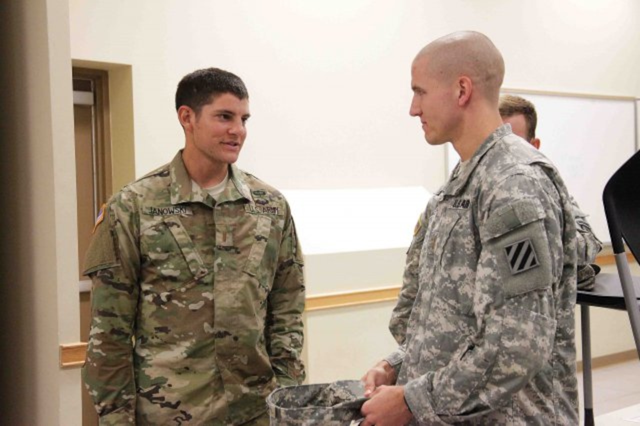 Army 2nd Lt. Michael Janowski, a Ranger School graduate and cancer survivor, told recent Infantry Basic Officer Leadership Course graduates and future Ranger students at Fort Benning, Ga., to attack every second of the Ranger course, Oct. 2, 2015. Courtesy photo by Danielle Wallingsford Kirkland