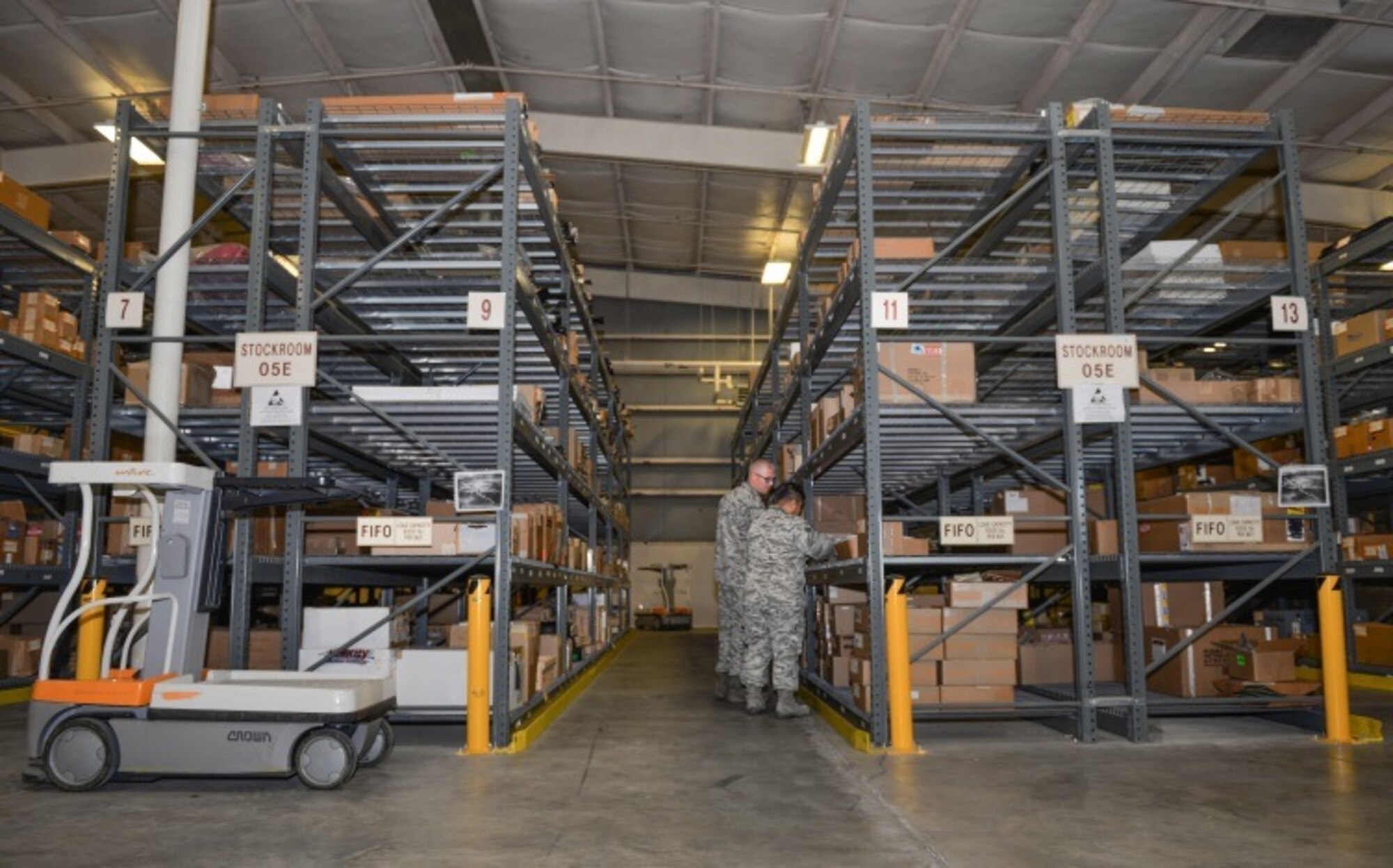 Senior Airman Kevin Serrano, 96th Logistics Readiness Squadron F-35 supply journeyman, and Tech. Sgt. Heith Johnson, 96th LRS F-35 supply NCO in charge, inventory supplies and equipment used to support the 5th generation fighter training mission at Eglin Air Force Base, Fla., Oct. 15, 2015. Materiel management Airmen handle and deliver equipment for both the F-35 Lightning II A and C variants. (U.S. Air Force Photo/Senior Airman Andrea Posey)