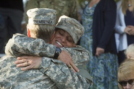 U.S. Army Maj. Lisa Jaster, an Army reservist assigned to the U.S. Army Corps of Engineers, celebrates prior to graduating Ranger School on Fort Benning, Ga., Oct. 16, 2015. Jaster is the third woman to graduate Ranger School. (U.S. Army photo by Staff Sgt. Alex Manne/ Released)