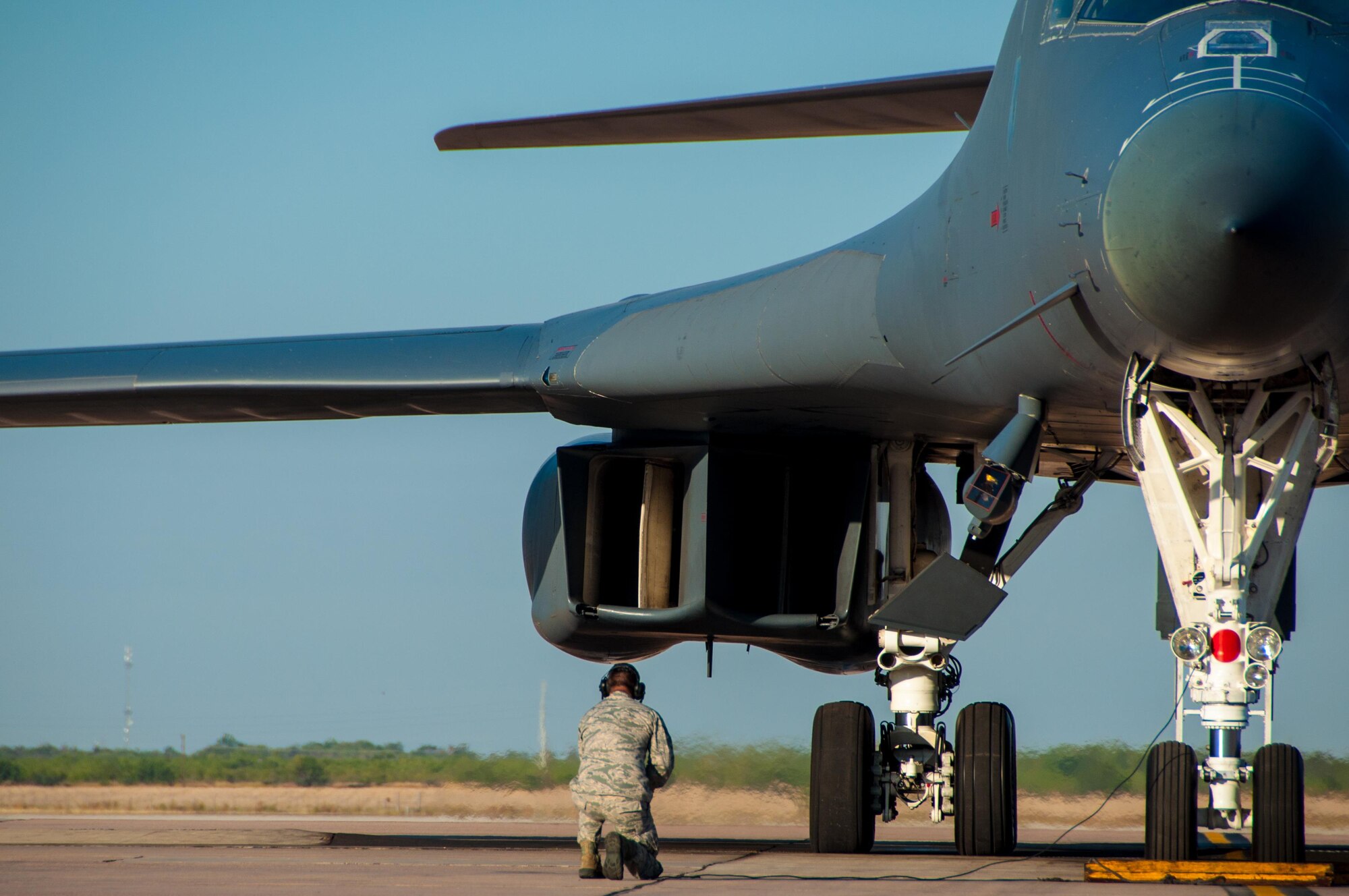 And she’s off! On Oct. 18, 2015, the flag ship of the 489th Bomb Group takes off on her first flight after the reactivation of the Bomb Group from Dyess Air Force Base in Texas. The aircraft is a B-1 Lancer that carries nose art dedicated to the POW/MIAs of America’s wars. The 489th Bomb Group, Dyess, Texas is assigned to the 307th Bomb Wing at Barksdale Air Force Base, La. (U.S. Air Force photo by Master Sgt. Laura Siebert/Released)