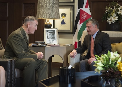 U.S. Marine Corps Gen. Joseph F. Dunford Jr., left, chairman of the Joint Chiefs of Staff, meets with Jordan's King Abdullah II at the Al Husseiniya Palace in Amman, Jordan, Oct. 19, 2015. DoD photo by D. Myles Cullen