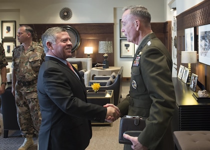 Jordan's King Abdullah II meets with U.S. Marine Corps Gen. Joseph F. Dunford Jr., chairman of the Joint Chiefs of Staff, at the Al Husseiniya Palace in Amman, Jordan, Oct. 19, 2015. DoD photo by D. Myles Cullen