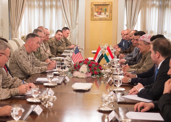 U.S. Marine Corps Gen. Joseph F. Dunford Jr., center left, chairman of the Joint Chiefs of Staff, meets with Kurdish President Massoud Barzani and other Kurdish officials in Irbil, Iraq, Oct. 20, 2015. DoD photo by D. Myles Cullen