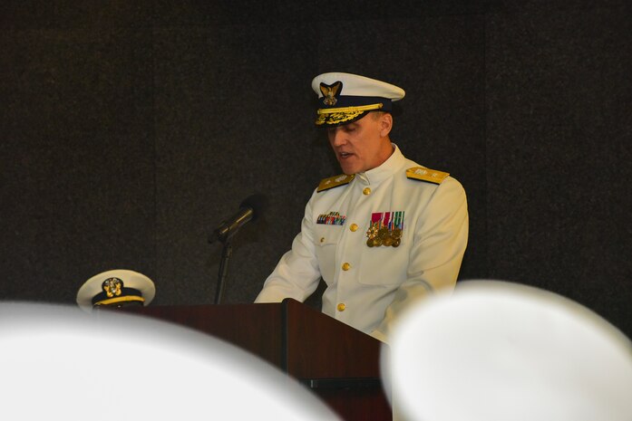 Rear Adm. James M. Heinz, the director of operational logistics for the Coast Guard, addresses the audience during the Coast Guard Base Charleston, S.C., establishment ceremony at the Federal Law Enforcement Training Center in Charleston, Oct. 19, 2015. CG Base Charleston was established to integrate mission support activity and align logistics in the northern areas of the 7th Coast Guard District. (U.S. Coast Guard photo by Petty Officer 2nd Class Anthony L. Soto)