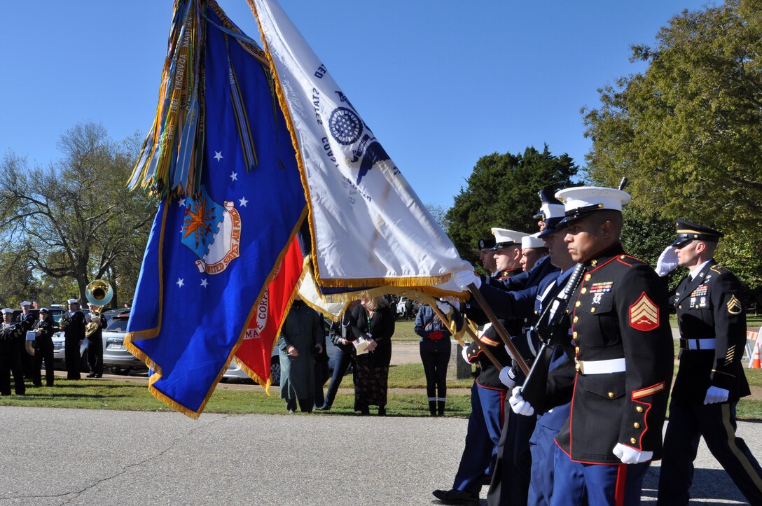 U.S. Service members carry their respective service’s flag down Main Street in Yorktown, Va., as part of the annual Yorktown Day parade, Oct. 19, 2015. Service members from Joint Base Langley-Eustis, Va., marched in the parade and participated in a patriotic exercise to commemorate the anniversary of the American-French victory in 1781 over the British. (U.S. Air Force photo by Master Sgt. April Wickes/Released)