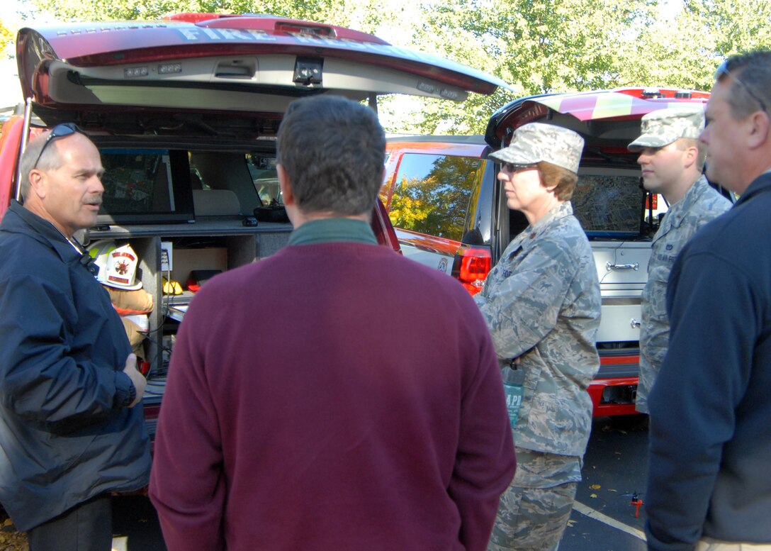 Maj. Rachel Jackson and 2nd Lt. Alex Kramer, civil engineers with the
Missouri Air National Guard’s 231st Civil Engineering Flight, discuss
the potential use of small unmanned aerial vehicles for disaster
response assessments with civilian participants in the Missouri
ShakeOut 2015 post-earthquake structural assessment training exercise
at Jefferson Barracks Air National Guard Base, Missouri, Oct. 16,
2015.  Held by the Missouri Structural Assessment and Visual
Evaluation coalition and Missouri SEMA, more than 200 citizen
volunteer building assessors practiced skills they might need
following an earthquake, tornado or other natural disaster.
Participants represented more than a dozen federal, state, county and
municipal government, nonprofit and private organizations. Beyond
hosting the two-day exercise at Jefferson Barracks, the 231st Civil
Engineering Flight helped plan the event; 239th Combat Communications
Squadron provided its mobile communications support; and the 131st
Civil Engineering Squadron provided on-the-ground engineering support
to the event (U.S. Air National Guard photo by Capt. Jeffrey Bishop)
