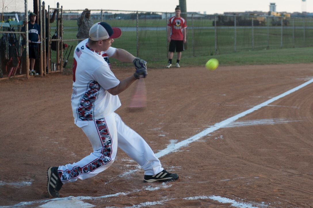 Matthew Stiltner, Langley All-Stars Infielder, swings during the Joint Base Langley-Eustis All-Stars Softball game at Langley Air Force Base, Va., Oct. 14, 2015. Coaches from each intermural team nominated All-Stars to represent their installation in the Commander’s Cup game. (U.S. Air Force photo by Senior Airman R. Alex Durbin/Released)