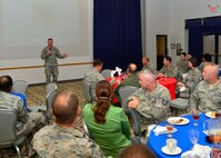 Col. Michael Grismer, 436th Airlift Wing commander, speaks at the Combined Federal Campaign kickoff lunch event Oct. 15, 2015, at the Landings on Dover Air Force Base, Del. This year’s theme is, “Together We Serve. Together We Give.” (U.S. Air Force photo/Senior Airman William Johnson)