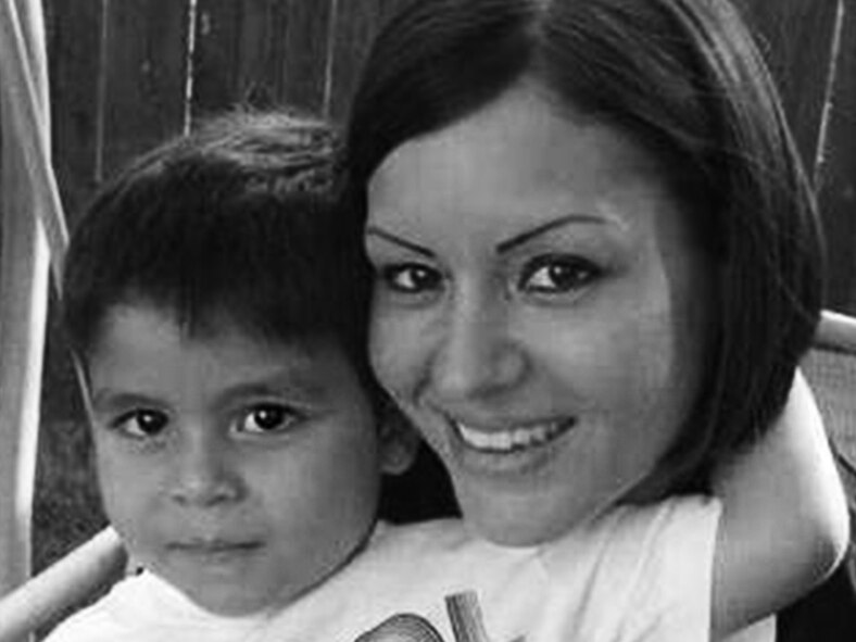 U.S. Air Force Senior Airman Sonia Sandoval, 422nd Medical Squadron facility manager, holds her son. Sandoval said she joined the military to provide a better life for her and her son. (U.S. Air Force courtesy photo/Released)