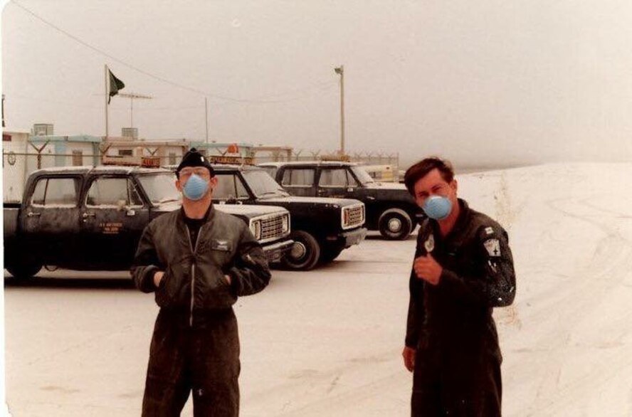 U.S. Air Force Capt. Stephen Francis, navigator, and Capt. Bob Haroldson, copilot, crew E103, 43rd Air Refueling Sq., stand by on alert while ash from the Mt. St. Helens eruption covers the area, May 18, 1980, at Fairchild Air Force Base, Wash. (courtesy photo by Stephen Francis)