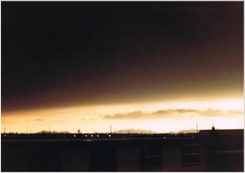 An ash cloud from the Mt. St. Helens eruption looms over the horrizon May 18, 1980, at Fairchild Air Force Base, Wash. (courtesy photo)