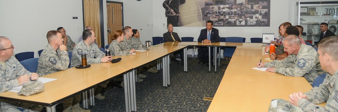 California Secretary of State Alex Padilla speaks with unit voting representatives at Base Operations Oct. 16. Padilla visited Edwards to encourage military members to vote and learn about issues effecting their local community. (U.S. Air Force photo by Rebecca Amber)