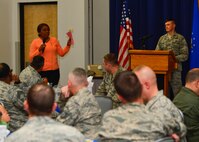 Onita Wells, Big Brothers Big Sisters of Delaware, speaks at the Combined Federal Campaign kickoff lunch event Oct. 15, 2015, at the Landings on Dover Air Force Base, Del. Wells spoke about how previous donations to Big Brothers Big Sisters assisted families in the local community. (U.S. Air Force photo/Senior Airman William Johnson)