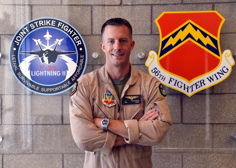 Maj. Joseph Freshour, Marine Corps pilot, is the first Marine aviator selected for the F-35 Air Force Exchange in Operational Test here at Luke Air Force Base, Ariz., Oct. 7, 2015. Freshour will be part of the 61st Fighter Squadron for three and a half months at which point he will head to Nellis AFB, Nevada, to continue training with the F-35 for another two and a half years. 
(U.S. Air Force photo by Senior Airman Devante Williams)