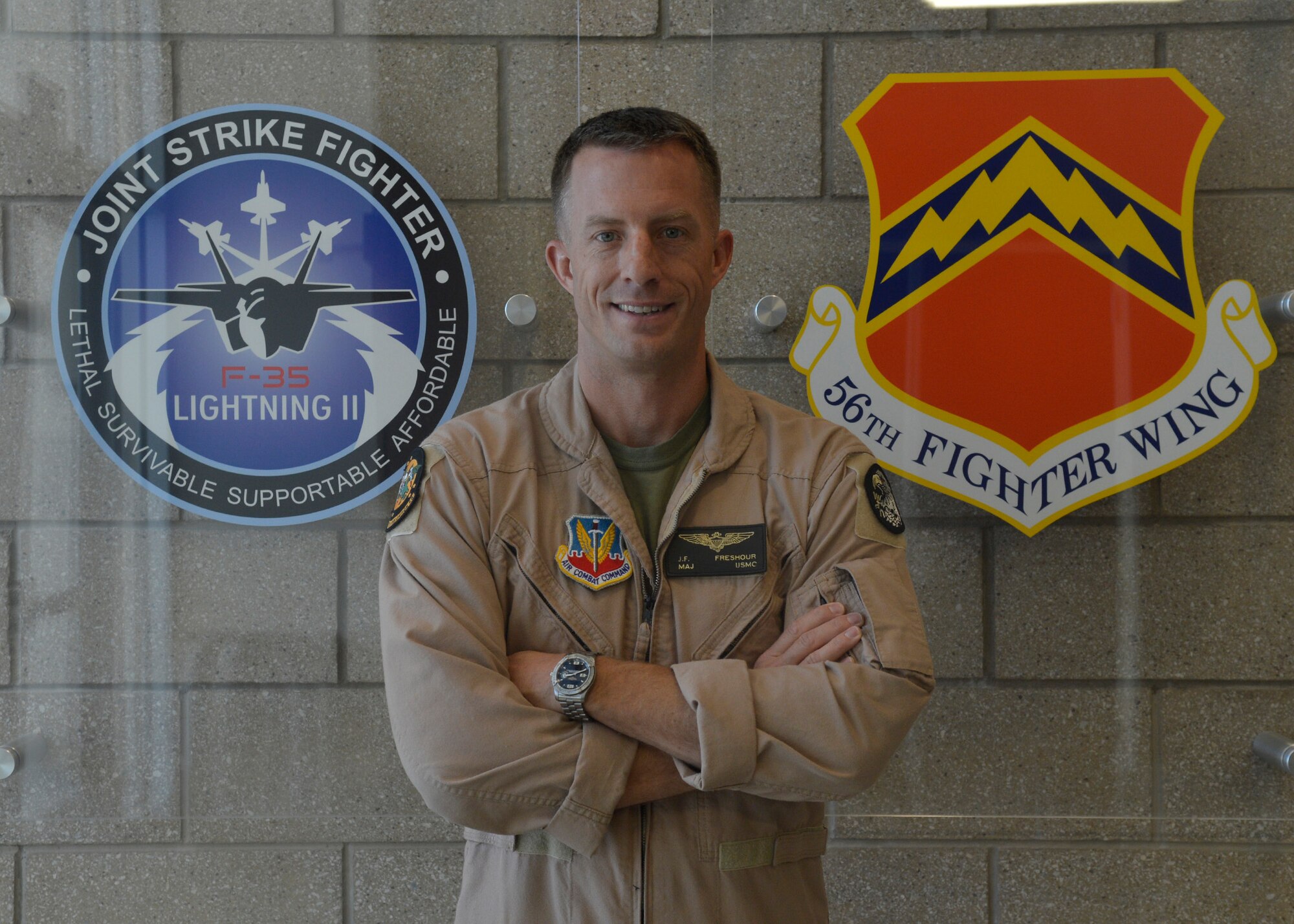 Maj. Joseph Freshour, Marine Corps pilot, is the first Marine aviator selected for the F-35 Air Force Exchange in Operational Test here at Luke Air Force Base, Ariz., Oct. 7, 2015. Freshour will be part of the 61st Fighter Squadron for three and a half months at which point he will head to Nellis AFB, Nevada, to continue training with the F-35 for another two and a half years. 
(U.S. Air Force photo by Senior Airman Devante Williams)