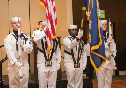 The Navy’s Color Guard presents the colors during the Navy Ball celebrating the Navy’s 240th birthday at the Charleston Marriott Hotel on Oct. 17, 2015. After presenting the colors, the Navy’s Honor Guard conducted a small ceremony in honor of fallen military members from all branches.