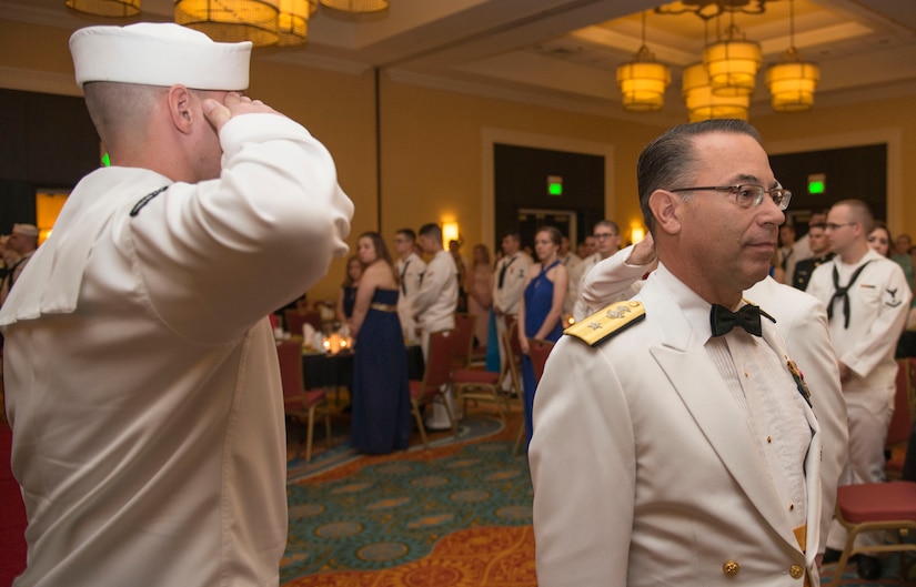 Rear Admiral David Steindl, Navy Personnel Command deputy chief walks down the red carpet at the start of the Navy Ball on Oct. 17, 2015, celebrating the Navy’s 240th birthday at the Charleston Marriott Hotel. Steindl was the guest speaker at the Navy Ball.