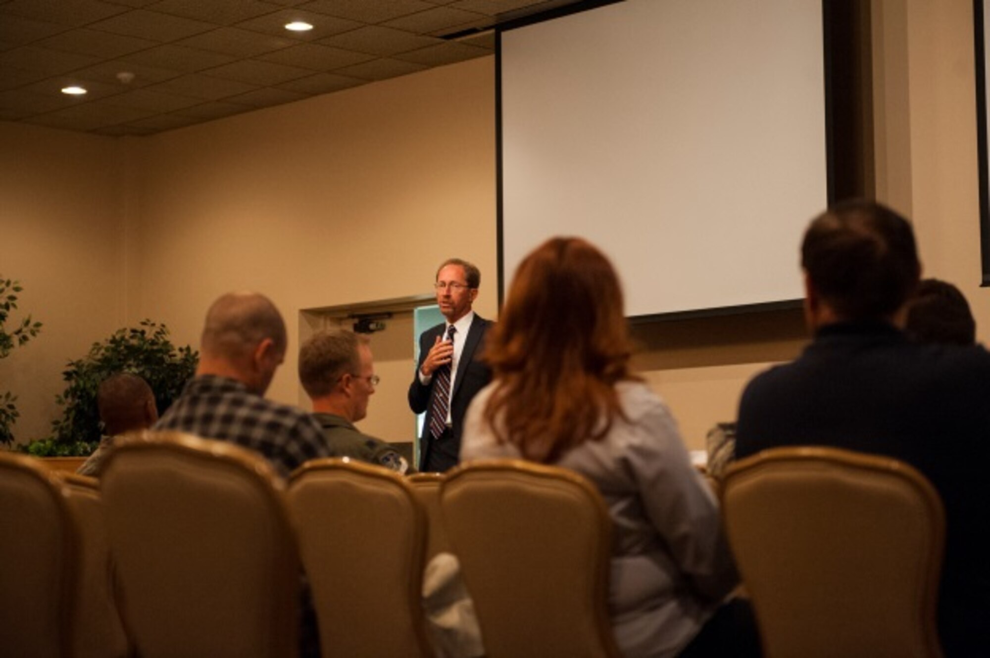 James Rubeor, deputy chief of Air Force safety, gives a speech on winter safety at Minot Air Force Base, N.D., Oct. 14, 2015. Minot held a winter safety expo to help educate Minot personnel for the upcoming winter. (U.S. Air Force photo/Airman 1st Class Christian Sullivan)