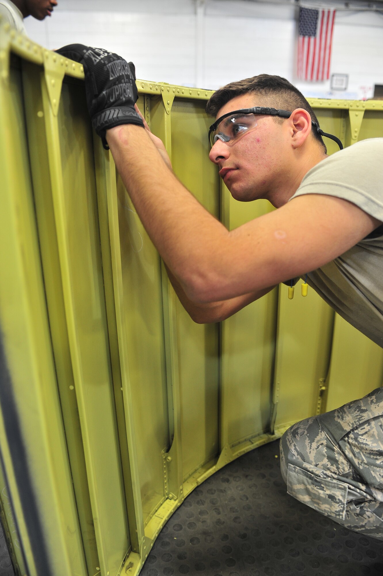 Airmen 1st Class Dustin Pace, 5th Maintenance Squadron aircraft structural maintenance apprentice, inspects B-52H Stratofortress parts at Minot Air Force Base, N.D., Oct. 14, 2015. Airmen like Pace provide on and off equipment maintenance on B-52H Stratofortresses, special support on Minuteman III missiles and UH-1N helicopters. (U.S. Air Force photo/Senior Airman Stephanie Morris)