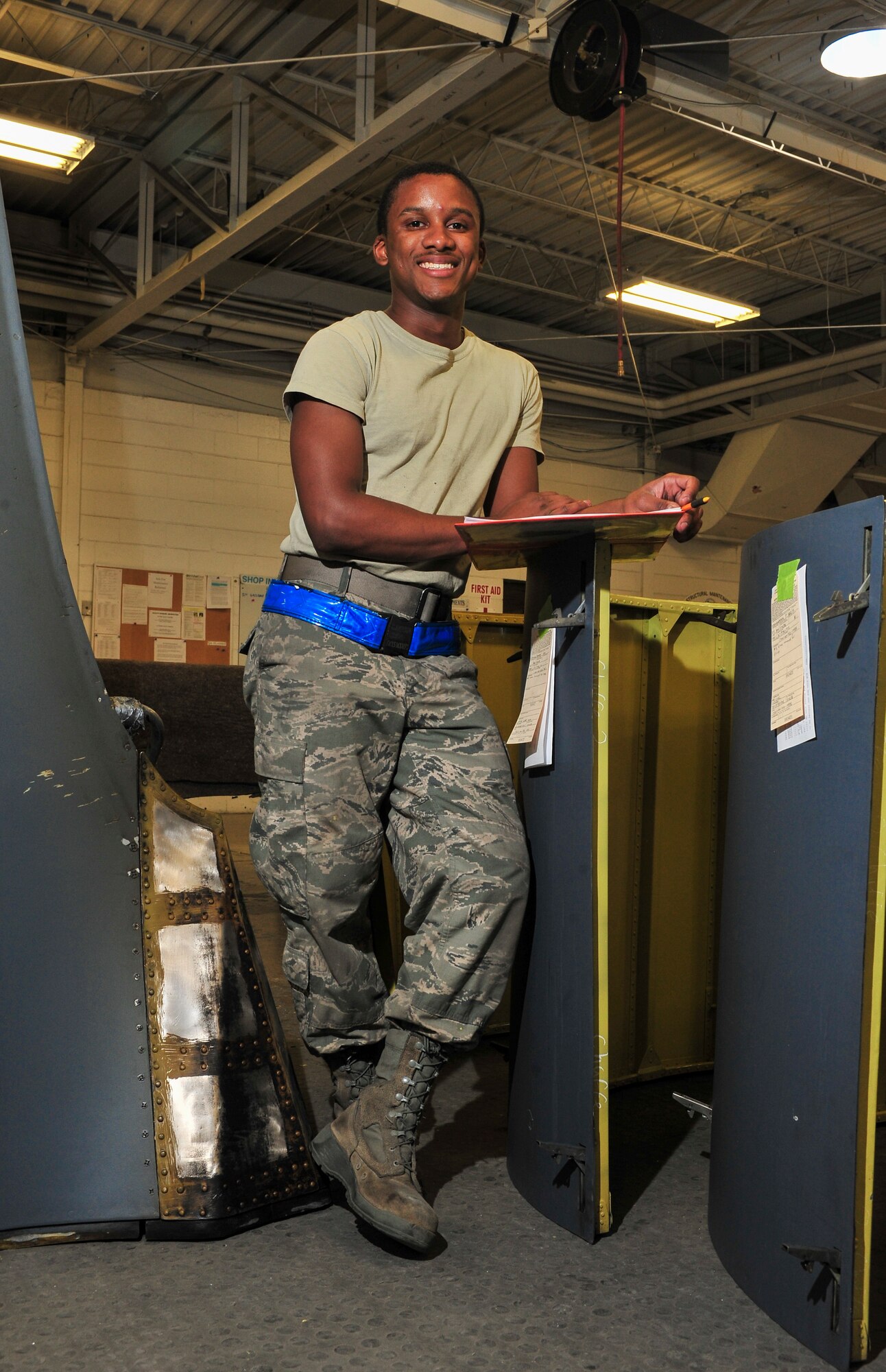 Airmen 1st Class Dustin Pace, 5th Maintenance Squadron aircraft structural maintenance apprentice, inspects B-52H Stratofortress parts at Minot Air Force Base, N.D., Oct. 14, 2015. Airmen like Pace provide on and off equipment maintenance on B-52H Stratofortresses, special support on Minuteman III missiles and UH-1N helicopters. (U.S. Air Force photo/Senior Airman Stephanie Morris)