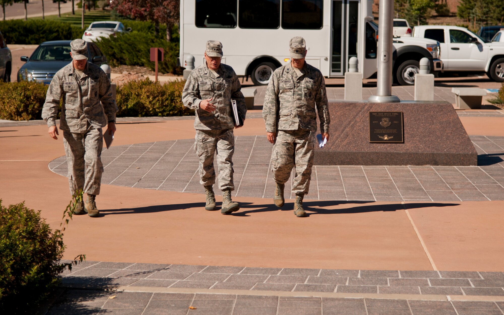 PETERSON AIR FORCE BASE, Colo. - Maj. Gen. Andrew Mueller, Headquarters U.S. Air Force chief of safety and Air Force Safety Center commander, visits with Team Pete units and Airmen, Oct. 13, 2015. As the new chief of safety, Mueller began his worldwide tour to all the major commands at Team Pete where he met with Airmen in their work centers to one-on-one tell his vision of “preserving combat capability.” (U.S. Air Force photo by Senior Airman Tiffany DeNault)