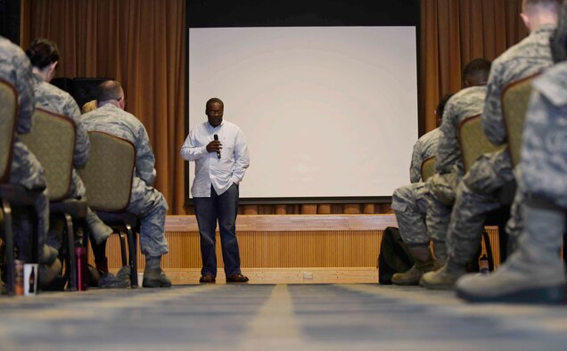 U.S. Air Force Master Sgt. Wendell Barnes, 35th Aircraft Maintenance Squadron commander support staff superintendent, tells his story during Resilient Airmen Day at Misawa Air Base, Japan, Oct. 2, 2015. Barnes spoke to more than 250 people about how his spirituality guided him through a difficult situation in his life. (U.S. Air Force photo by Airman 1st Class Jordyn Fetter/Released)