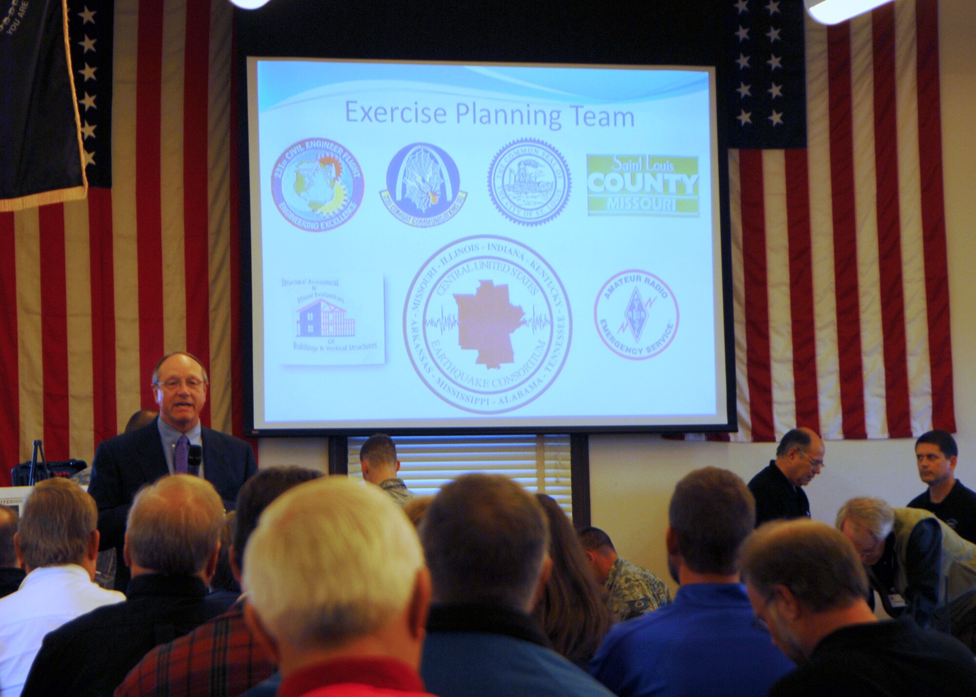 Dr. Ron Walker, Director of the Missouri State Emergency Management
Agency, kicks off the Missouri ShakeOut 2015 post-earthquake
structural assessment training exercise at Jefferson Barracks Air
National Guard Base, Missouri, Oct. 16, 2015.  Held by the Missouri
Structural Assessment and Visual Evaluation coalition and Missouri
SEMA, more than 200 citizen volunteer building assessors practiced
skills they might need following an earthquake, tornado or other
natural disaster. Participants represented more than a dozen federal,
state, county and municipal government, nonprofit and private
organizations. Beyond hosting the two-day exercise at Jefferson
Barracks, the 231st Civil Engineering Flight helped plan the event;
239th Combat Communications Squadron provided its mobile
communications support; and the 131st Civil Engineering Squadron
provided on-the-ground engineering support to the event (U.S. Air
National Guard photo by Capt. Jeffrey Bishop)
