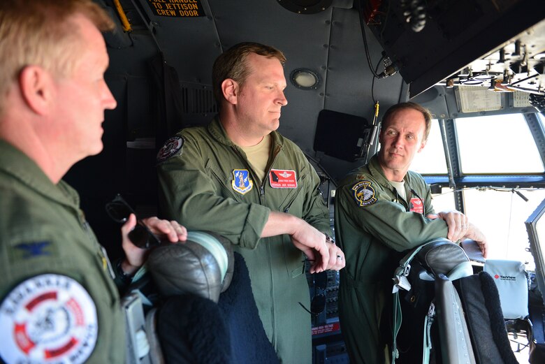 U.S. Air Force pilots check out the cockpit of the C-130H3 Hercules on the flight line of the 165th Airlift Wing, Savannah, Ga. Oct. 15, 2015. The 165th AW received the first of eight aircraft upgrades expected to take place through 2016. (Air National Guard photo by Tech. Sgt. Amber Williams/Released)
