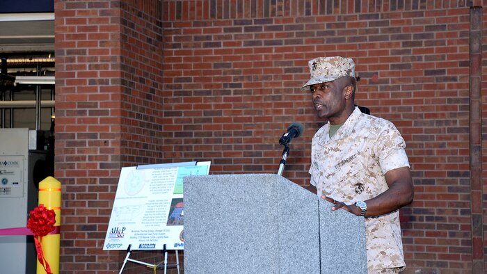 Col. James C. Carroll III, commanding officer, Marine Corps Logistics Base Albany, addresses attendees during a ribbon-cutting ceremony for the Borehole Thermal Energy Storage system - a state-of-the-art ground source heat pump system – for Marine Corps Logistics Command's headquarters building 3700, here, Oct. 19.